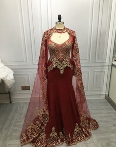 Vino di lusso rosso manica lunga musulmana Dubai Kaftans Pakistani abito da sera abito a sirena in pizzo dorato <span class=keywords><strong>con</strong></span> lungo scialle staccabile - Product Image 5