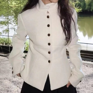 <span class=keywords><strong>Manteau</strong></span> en laine coréen élégant à col roulé boutonné, coupe courte et ajustée, taille haute, pour le printemps, idéal pour les petites tailles - Product Image 1