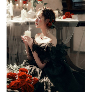 Black Off-The-Shoulder Ball Gown Empire Waist Vintage Evening Dress For Wedding Portrait Photography - Product Image 5