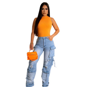 Jeans da <span class=keywords><strong>donna</strong></span> con gamba larga larga di alta qualità e lavata di alta qualità a vita alta e dritta strappata - Product Image 3