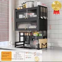 Étagère de rangement pour évier de cuisine en métal à double couche avec égouttoir anti-poussière, armoire de rangement multifonctionnelle pour comptoir pour la vaisselle