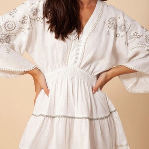 Elegante Vestido de Lino y Algodón con Cuello en V, Casual, Bordado, de Manga Corta, Mini Vestido de Verano para Mujer - Product Image 3
