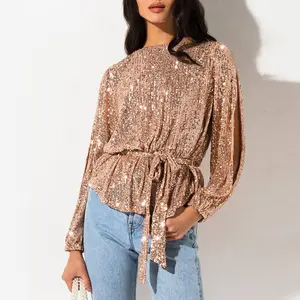 Factory Custom Ladies Sequin Belted Blouse Women Tunic Long Sleeve Women Blouses And Tops Lady Long Sleeve
