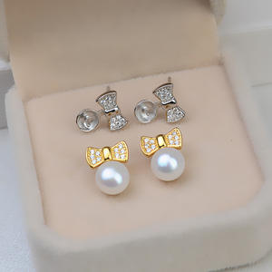 Accessoires DIY en argent S925, boucles d'oreilles tendance avec petites perles de 8-9 mm, nœud papillon et support vide, ensemble de boucles d'oreilles pendantes 1062 - Product Image 1