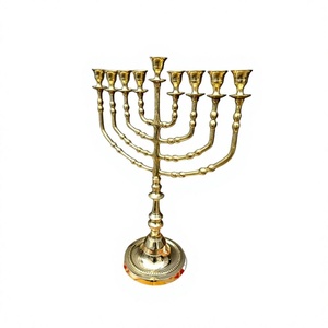 Ménorah en laiton à 9 bras, doré, support de bougies religieux de qualité supérieure, décoration pour mariage et Hanouka - Product Image 1