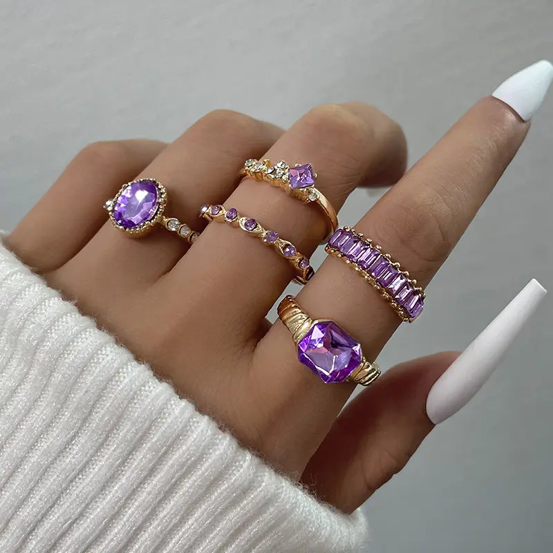 New Fashion Purple Zircon Jewelry 5 pcs /set Rings Rhinestone Geometric Green Crystal Finger Rings Set for Women