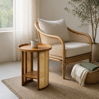 Japanischer Minimalistischer Moderner Bambus-Couchtisch mit Stauraum Rundes Design für Wohnzimmer und Heimbüro