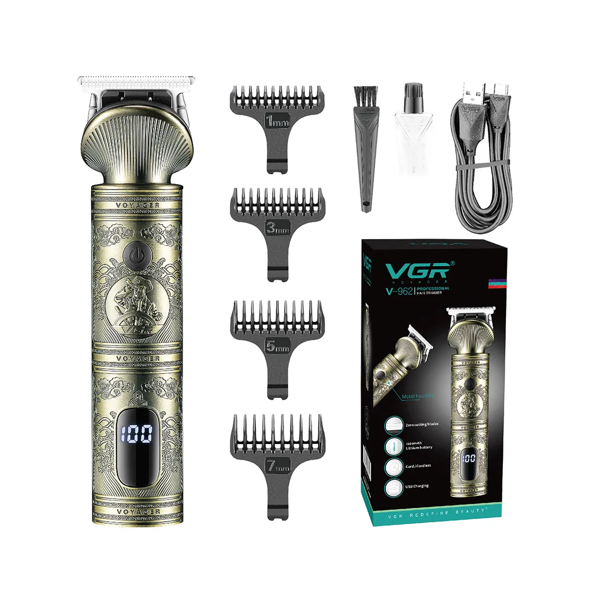VGR V-962 T9 Vintage Metal Barber Clippers Beard Trimmer Professional Hair Trimmer For Men Cordless