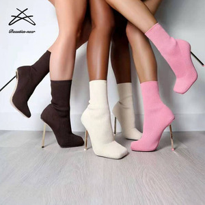 Bottes élastiques à talons fins et courts pour femmes, <span class=keywords><strong>chaussures</strong></span> Sexy de styliste, chaussettes vertes, hautes et douces, grandes tailles, nouvelle collection hiver - Product Image 1