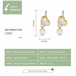 Boucles d'oreilles pendantes en forme de cœur en zircon blanc, acier inoxydable plaqué or 14 carats, 14 mm, bijoux - Product Image 2