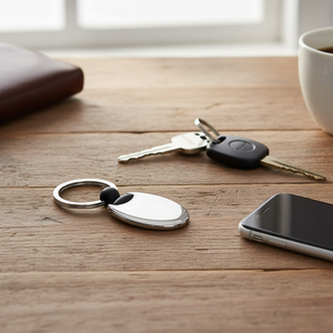 Oval Keychain With Black Rubber <b>Hook</b> Metal Ring Keyring Accessory - Product Image 3