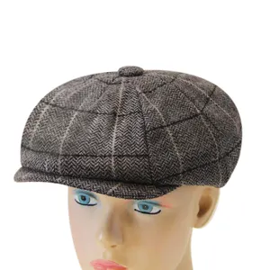 8 Panel Wool Ivy Hats Men's Style Newsboy Cap Tweed Herringbone Flat Caps