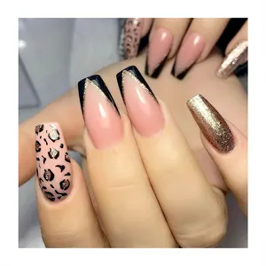 Unique False Nails Art Leopard Printing French Tip Gold Swirl Glossy Full Cover Shinning Fashion Durable Eco Faux Fake Nails