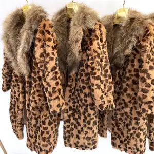 Inverno Quente Longo Guaxinim Fur Collar Leopard Print Real Rabbit Fur Coat Mulheres
