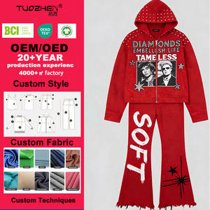 Conjunto de Sudadera con Capucha y Pantalones de Chándal de Algodón Grueso con Cremallera, Estilo Streetwear, Lavado Ácido, Efecto Desgastado por el Sol, con Pedrería y Logotipo Personalizado - Product Image 3