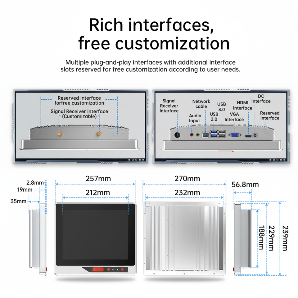 17/18.5/19 Inch Fully Enclosed Industrial Touch PC IP65 Waterproof/Dustproof Embedded Wall-Mounted Fanless All-in-One Panel PC