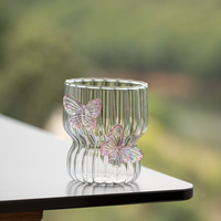 Tasse à café en verre fait main 3D, motif papillon violet et rose, texture rayée, résistante à la chaleur, pour cadeau ou fête de jardin