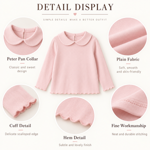 Camiseta de Manga Larga con Cuello Peter Pan para Niñas, Camiseta de Algodón Sólido para Niños Pequeños, Top Infantil, OEM, ODM, Venta al por Mayor, Personalizada - Product Image 3
