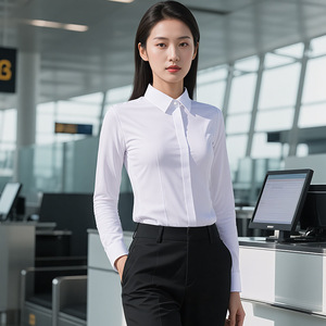 White Long Sleeve Shirt Unisex Cotton Poplin Solid Color Professional <b>Work</b> Attire Stretchy Wrinkle Resistant - Product Image 3