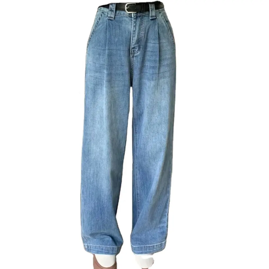 Women Casual Pants Denim Jeans Craft Style Fly Fabric Zipper Waist Custom Denim Ironed Drill Button Leather OEM Spandex