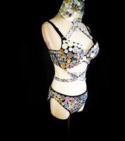 Costumes de danse de bar GOGO Femme Paillettes argentées Costume sexy arabe Combinaison Bikini Costume de danse d'équipe Masque Costume miroir