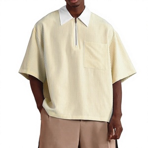 Polo Homme Personnalisé à Rayures Jaunes avec Logo, Manches Courtes, Poche, Design Demi-Zip Tissé Décontracté, Grande Taille - Product Image 1