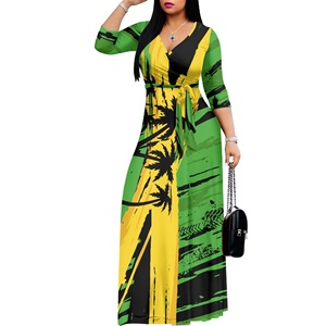 Jamaica Flag Jamaican Design Women's Floral Print Maxi Dresses Summer Casual <strong>3</strong> 4 Sleeve V-Neck Wrap Tie Waist Long Dress S-5XL - Product Image 1