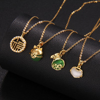 Collier Pendentif Éléphant en Acier Inoxydable avec Chaîne, Sac Porte-Bonheur, Bouton de Sécurité, Feuille et Jade Vert CZ pour Femme - Vente Chaude