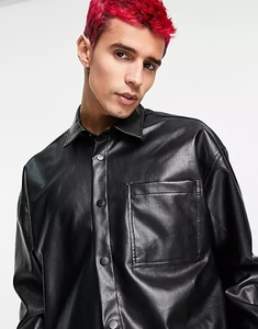 قميص جلد صناعي عملي جيب من الجلد الصناعي للرجال قمصان بأزرار لأسفل للرجال بجودة عالية - Product Image 4