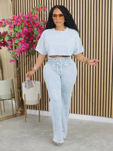 2025 été femmes cravate teinture imprimer 2 pièces ensemble à manches courtes <span class=keywords><strong>sweat</strong></span> + lacets taille haute survêtement pantalon correspondant survêtements - Product Image 5