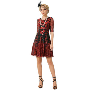 1920s Vintage <b>Sequined</b> Mesh Dress Women Plus Size A-Line Scoop Neck Black Gold Club Dress - Product Image 2
