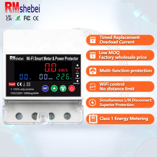 RMshebei Wifi Smart Switch Circuit Breaker Energy Meter Smart Home Energy Monitor 100A Din Rail Smart Prepaid Energy Meter 230V