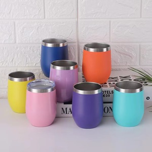 Gobelet à vin sans pied en acier inoxydable isotherme, forme œuf, avec couvercle et paille, revêtement poudré, 12 oz, personnalisable avec logo - Product Image 1