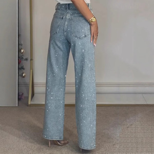 Wholesale 2026 High Waist Diamond Studded Jeans Women Slimming Bleach Washed Straight Leg Solid Summer Casual <strong>DenimPants</strong> Elegant - Product Image 2