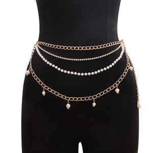 สายสร้อยเอวไข่มุกสำหรับผู้หญิงสีทองสี่ชั้นจี้กลมประดับร่างกายแบบลำลอง - Product Image 1