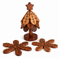 Sous-verres en bois en forme de feuille, fin, gravé, bicolore avec motif veineux et décor étoile, base ronde pour décoration de fêtes
