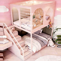Lit superposé rose clair pour deux filles, style princesse, double étage avec rangement, escalier, armoire, cabane, lit mezzanine pour enfants, chambre individuelle
