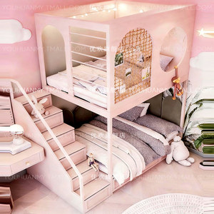 Lit superposé rose clair pour deux filles, style princesse, double étage avec rangement, escalier et armoire, cabane <span class=keywords><strong>Barbie</strong></span>, lit mezzanine pour enfants, chambre individuelle - Product Image 3
