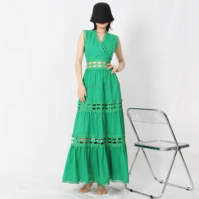 GIMILY OEM Custom Großhandel Damen Sommerkleider Vintage Grünes Kleid V-Ausschnitt ärmelloses hohles sexy gekräuseltes Seiten kleid