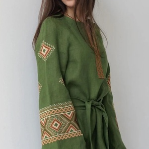 เดรสผ้าฝ้ายลินินผู้หญิง คอวี แขนยาว ทรงเอ สไตล์ลำลอง สำหรับวันหยุด ปักลาย  ความยาวปานกลาง เหมาะสำหรับฤดูร้อน - Product Image 5