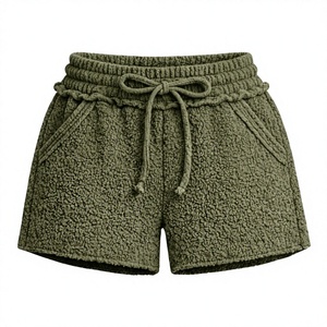 Manufacturer Custom Yellow Sherpa Fleece High Shorts Women Cozy Soft Plush Lounge Wear Button Elastic Drawstring Casual Winter - Product Image 2
