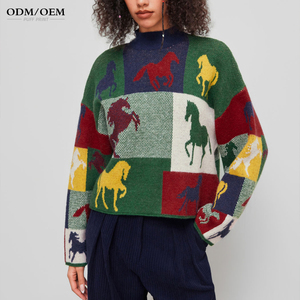 Suéter Jacquard Personalizado para Mujer, Diseño de Bloques de Color con Patrón de Caballo, Suéter Holgado de Punto - Product Image 1