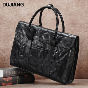 Dujiang Men's Genuine Leather <b>Briefcase</b> Black Business Travel Luxury Solid Color Folded Design - Product Image 1