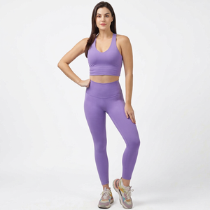 Conjunto de Yoga para Mujer, Bra Deportivo Sin Costuras, Leggings de Cintura Alta, Dos Piezas, Ropa Deportiva, Morado - Product Image 1