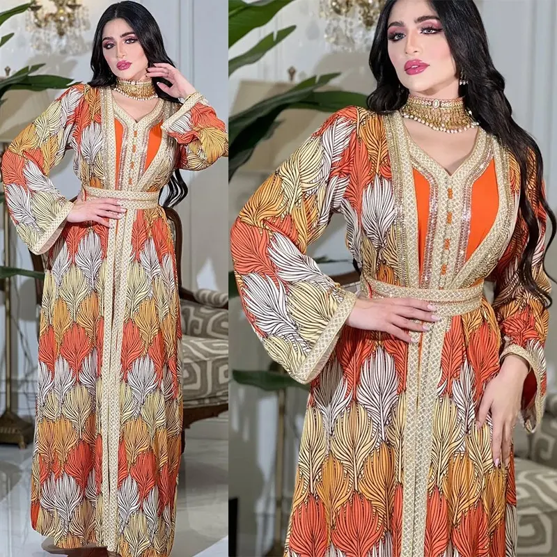 Luxe Eid 2 pièces Abaya ensembles strass imprimé Caftan Jalabiya caftan robe avec doublure intérieure robe prière vêtements islamiques