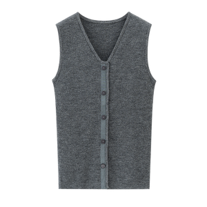 Women Casual Thin 100% Pure Wool Sleeveless Cardigan Vest Deep V Neck Button Front Computer Knit Waistcoat Solid Color Layering