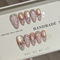 Faux ongles artisanaux Champagne Cat Eye à effet scintillant, style français, avec motifs en cristal 3D et perles florales, réutilisables pour manucure quotidienne