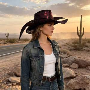 Chapeau de cowboy Dragon Wing bordeaux, embossé brillant, à large bord relevé, taille unique, accessoire de costume style western - Product Image 1
