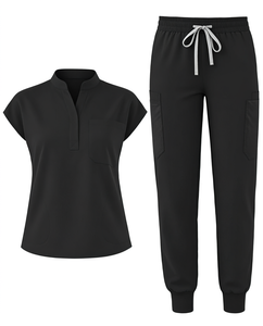 <b>Women</b> <b>Black</b> Scrub Set Polyester Knitted Short Sleeve Top Jogger <b>Pants</b> Hospital Uniforms - Product Image 1