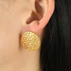 Chinese Style <b>Titanium</b> Steel Stud Earrings 18K Gold Silver Round Embossed Geometric Women's Everyday Wear EH189 - Product Image 3